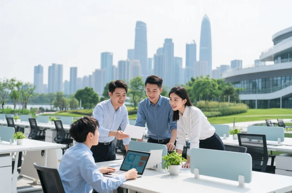 重庆现代化科技园区，充满活力的创新氛围，年轻工程师们在智能办公环境中协作，背景是城市天际线和绿色空间